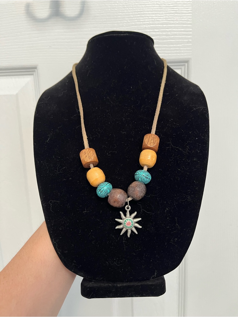 Boho Sun Pendant Beaded Cord Necklace in Turquoise Yellow Brown Pewter